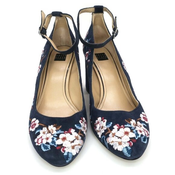 White House Black Market Bethany Blue Suede Embroidered Floral Block Heels 9.5M - Picture 3 of 5